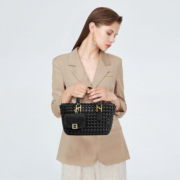 Elegant Vegan Leather Woven Crossbody Bag with Adjustable Strap - Rich Black - Picture 6 of 6